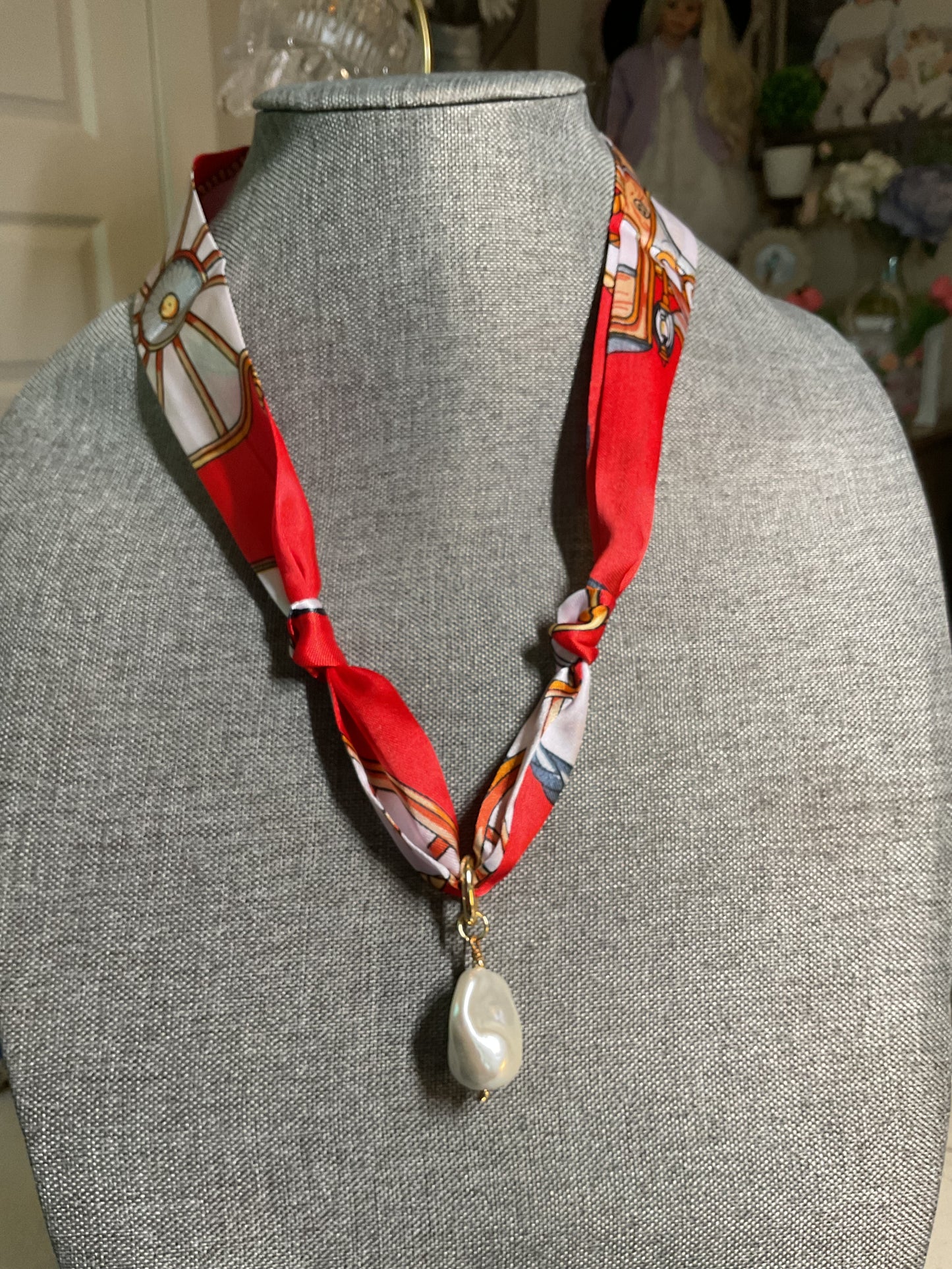 red scarf necklace with replica baroque frest water pearl
