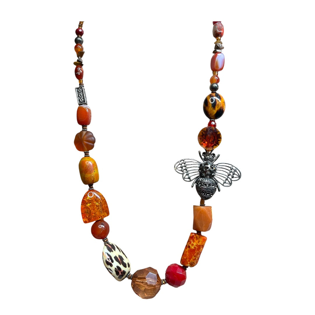 Orange and Amber beaded necklace with a bee pendant
