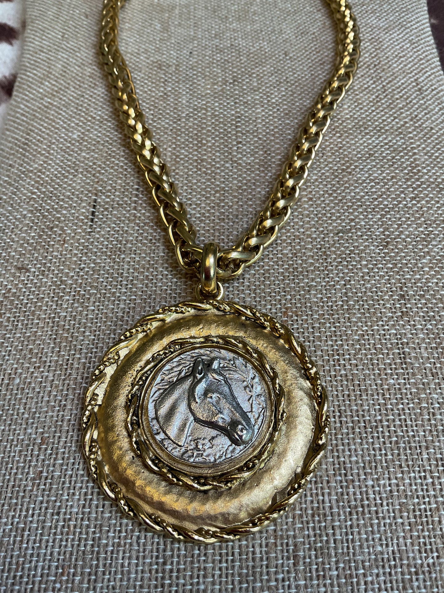 Yochi two tone horse disc pendant on heavy gold chain necklace