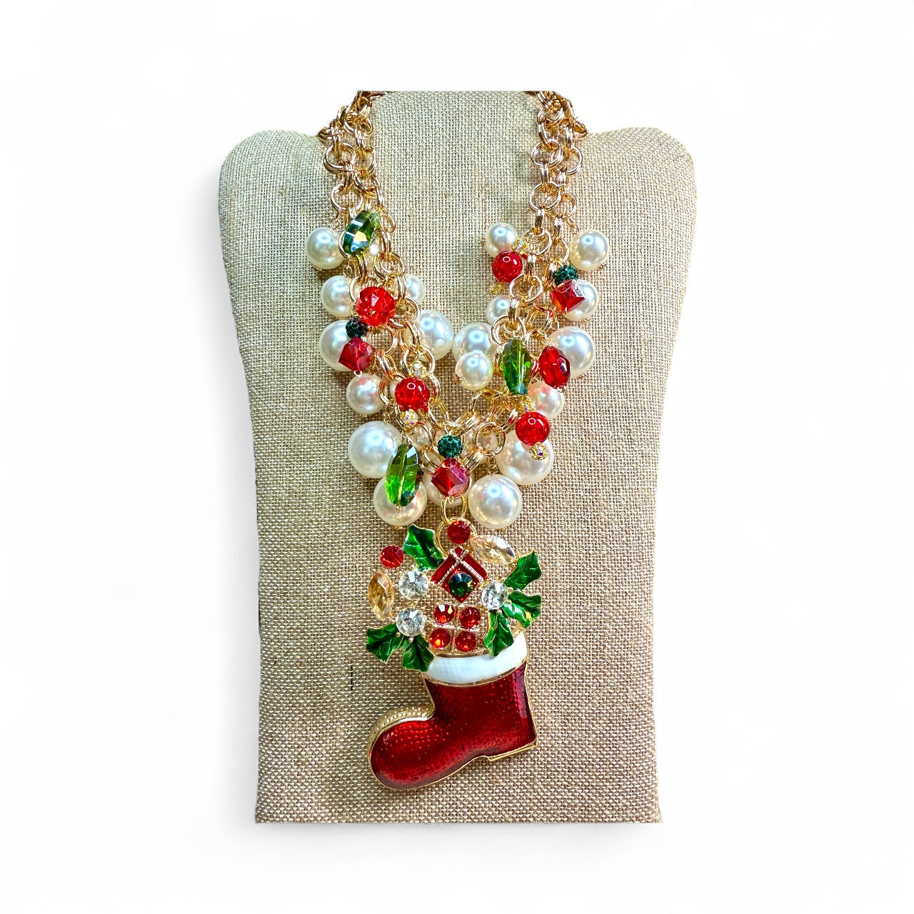 Christmas Holiday Beaded Charm Necklace with Stocking Pendant
