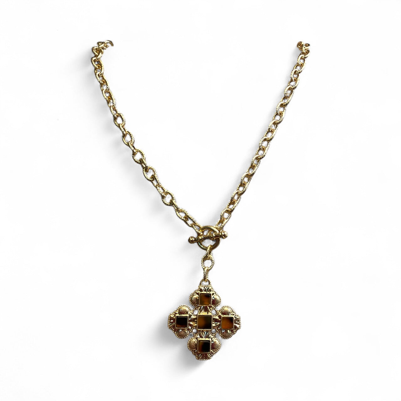 Gold-Tone Maltese Cross Pendant Necklace with Filigree Detailing