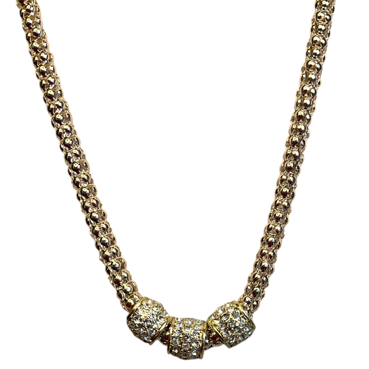Gold-Tone Popcorn Chain Necklace with Pavé Crystal Rondelle Accents