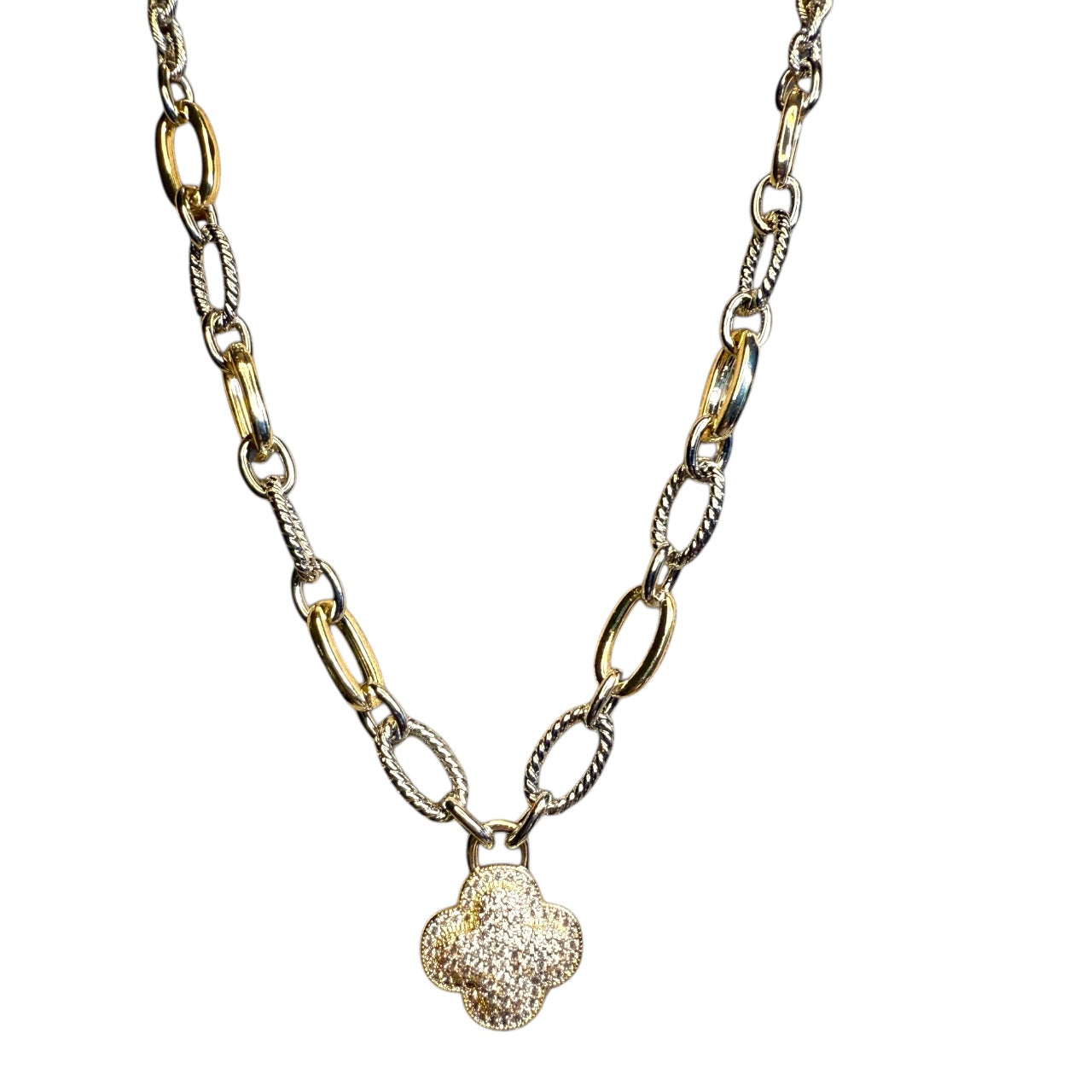 Two tone chain necklace with pave clover pendant