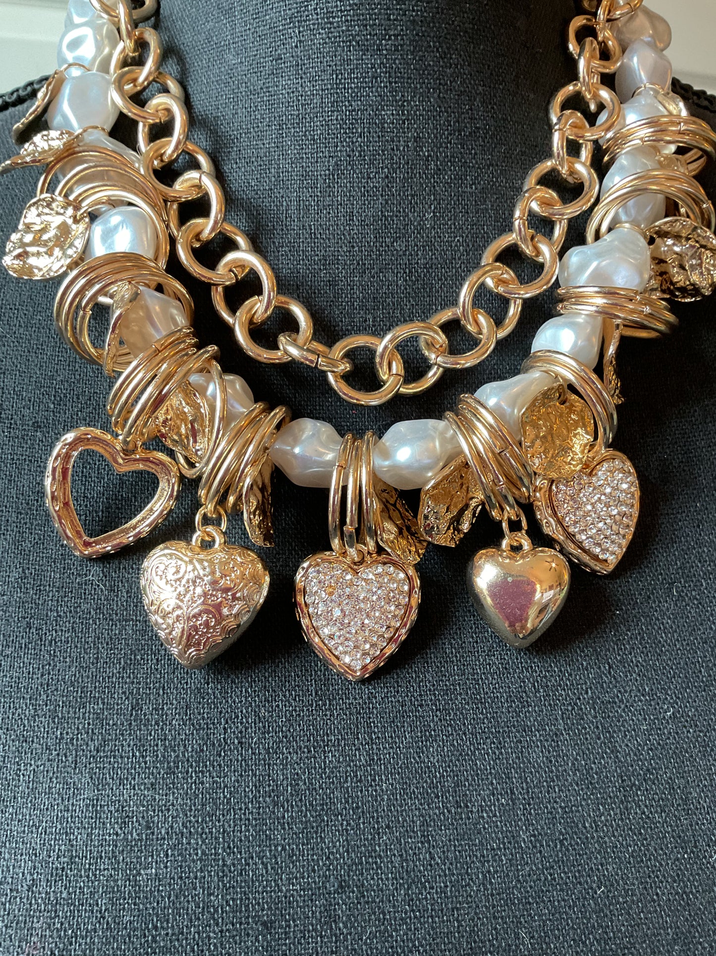 Chunky Gold and Pearl with Hearts Statement Necklace