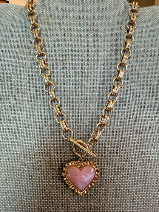 Pink and Gold tone heart necklace