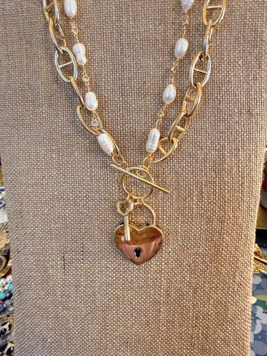 Gold Tone heart locket pendant with Gold tone chain and rosary pearl chain