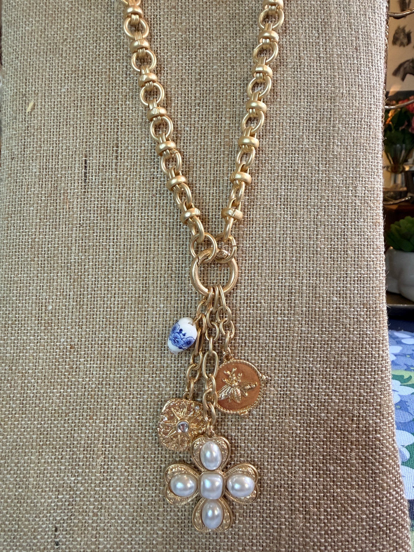 Southern Glitz Gold Charm Necklace – Pearl Flower Pendant with Bee & Porcelain Charm, Spring Statement Necklace, Elegant Vintage Inspired Jewelry
