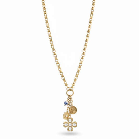Southern Glitz Gold Charm Necklace – Pearl Flower Pendant with Bee & Porcelain Charm, Spring Statement Necklace, Elegant Vintage Inspired Jewelry