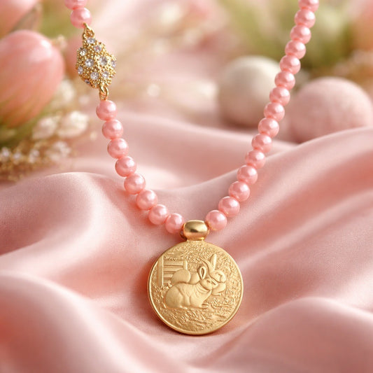 Vintage Style Gold Bunny Medallion Necklace on Blush Pearl Strand