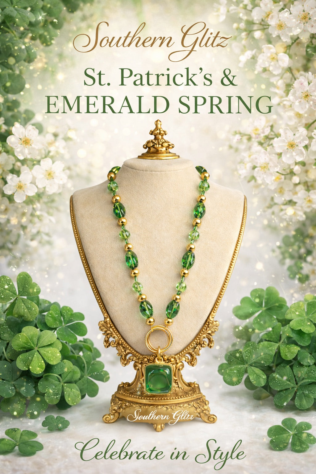 Southern Glitz Emerald Spring Necklace – St. Patrick’s Day Green Crystal & Gold Statement Necklace