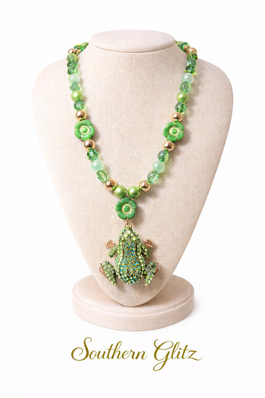 Whimsical Spring Frog Statement Necklace | Green Beaded Frog Pendant Necklace | Garden-Inspired Jewelry | Southern Glitz