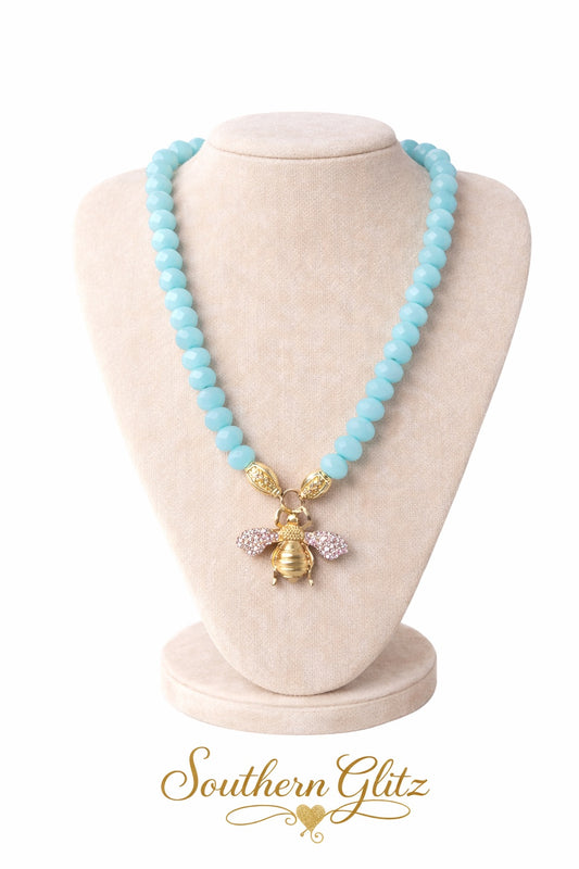 Soft Blue Bee Pendant Necklace – Gold Bumblebee Charm Necklace – Southern Glitz Spring Jewelry – Blue Beaded Statement Necklace – Nature Inspired Gift for Her