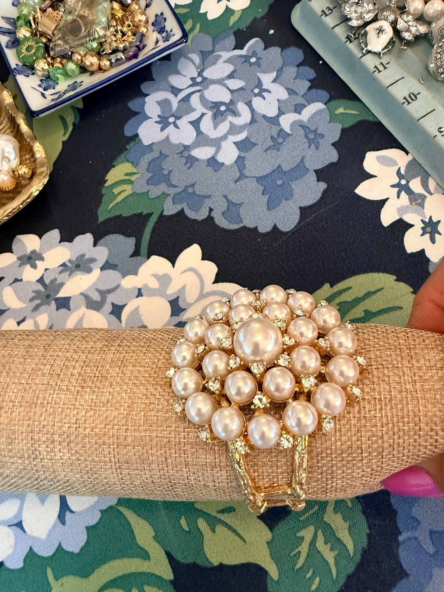 Pearl Statement Bracelet, Gold Pearl Cuff Bracelet, Chunky Pearl Bracelet, Bridal Jewelry, Rhinestone Bracelet, Luxury Statement Jewelry