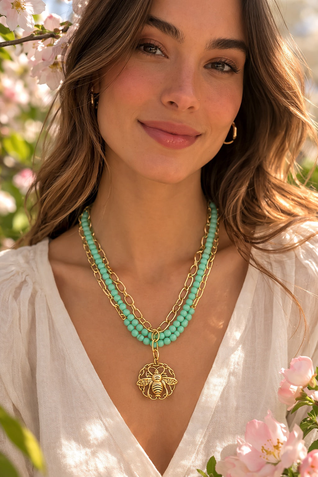 Southern Glitz Bee Pendant Necklace | Green Beaded Layered Necklace | Gold Chain Statement Necklace | Spring Garden Jewelry