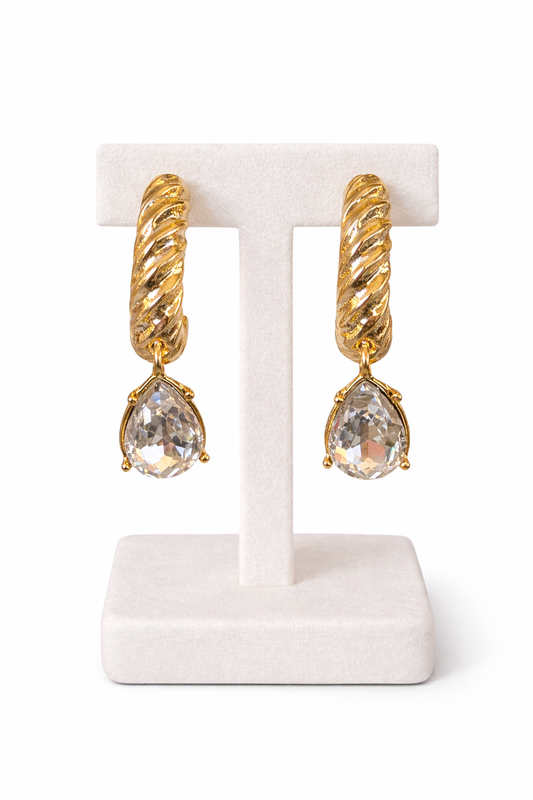 Gold Crystal Drop Earrings, Twisted Gold Hoop Earrings, Bridal Earrings, Teardrop Earrings, Elegant Statement Earrings, Wedding Jewelry