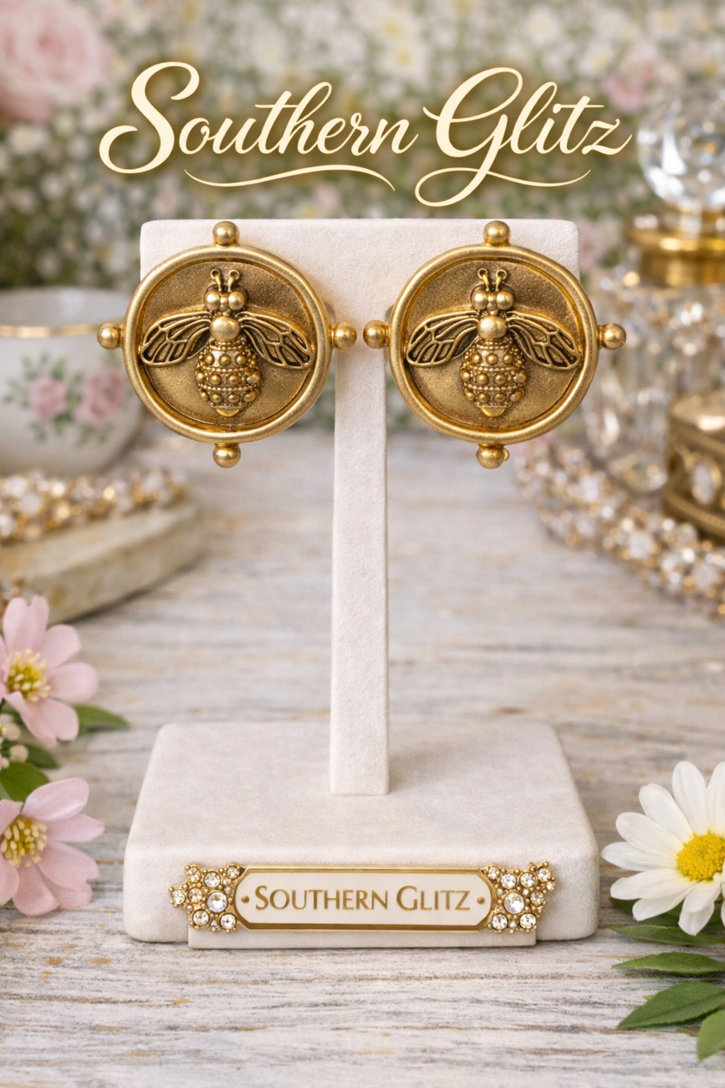 Gold Bee Statement Earrings, Vintage Style Bee Earrings, Round Medallion Earrings, Designer Inspired Jewelry, Bold Statement Earrings