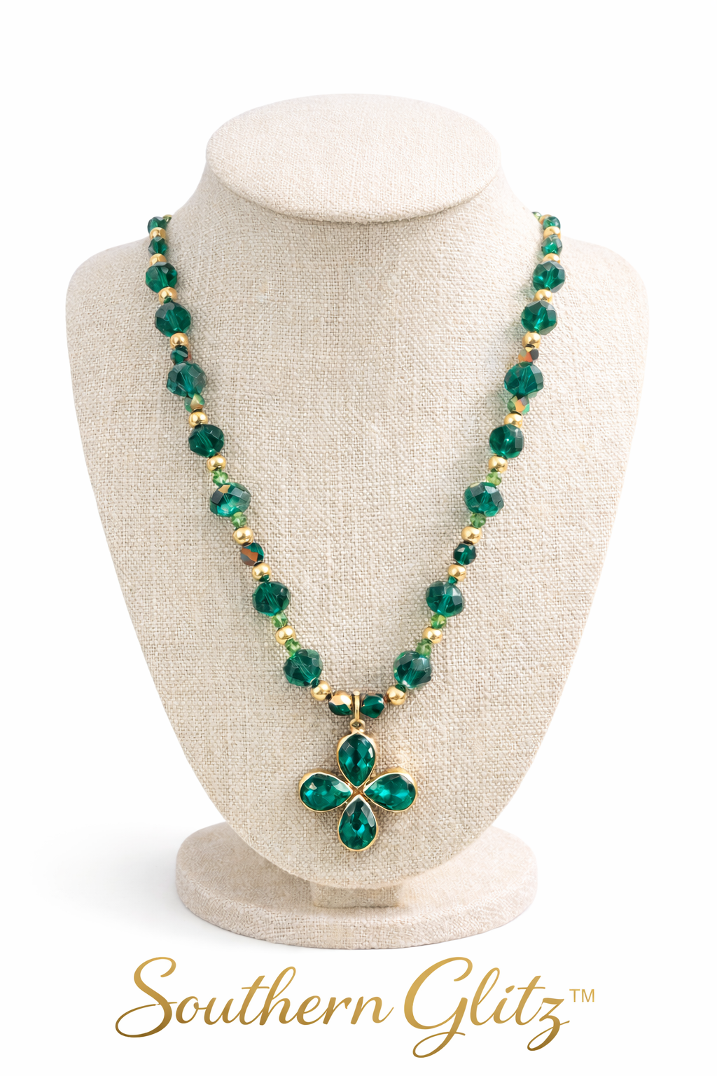 Green Crystal Clover Necklace – Gold Beaded Statement Necklace – St. Patrick’s Day Jewelry – Spring Floral Jewelry – Southern Glitz