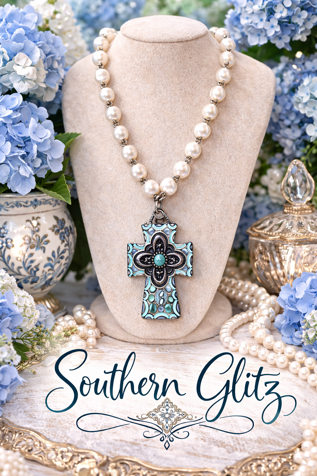 Pearl Necklace with Turquoise Cross Pendant | Western Faith Jewelry | Handmade Statement Necklace | Cowgirl Chic | Southern Glitz