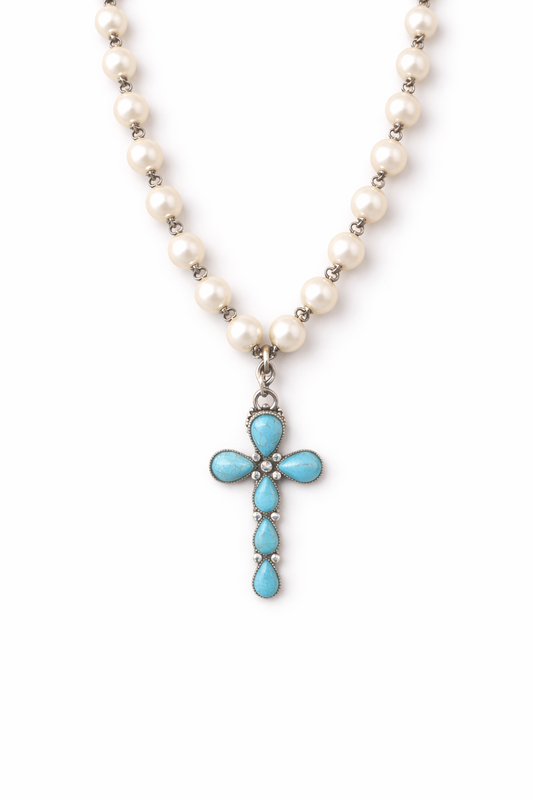 Turquoise Cross Pearl Necklace | Western Boho Jewelry | Freshwater Pearl Chain | Turquoise Pendant Necklace | Southern Style Statement Piece