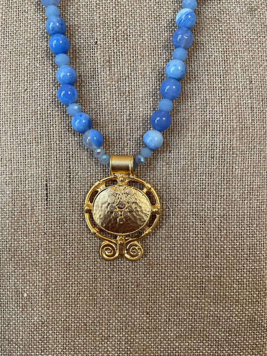 Blue Beaded Statement Necklace with Gold Medallion | Handmade Southern Style Jewelry | Elegant Everyday or Dressy Piece | Southern Glitz