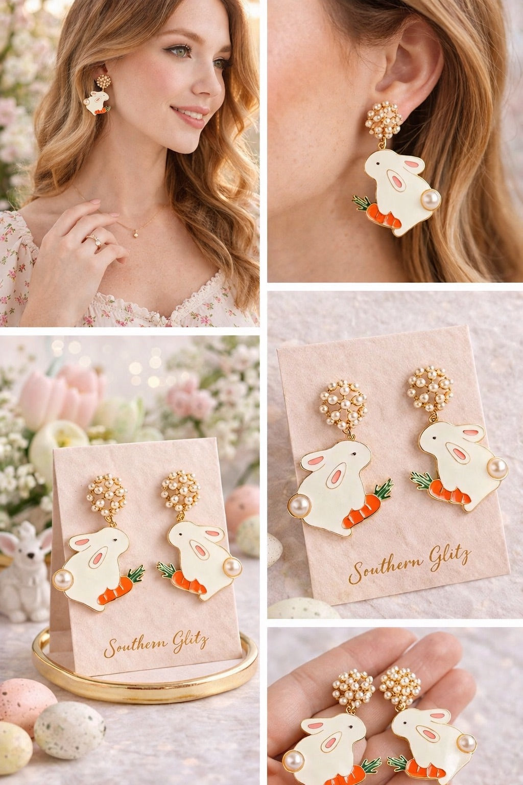 Easter Bunny Earrings, Pearl Bunny Dangle Earrings, Cute Spring Jewelry, Easter Basket Gift for Women, Pastel Bunny Earrings, Southern Glitz