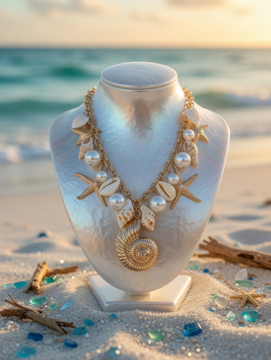 Gold Seashell Statement Necklace, Nautical Beach Charm Necklace, Pearl Starfish Cowrie Shell Coastal Jewelry, Southern Glitz