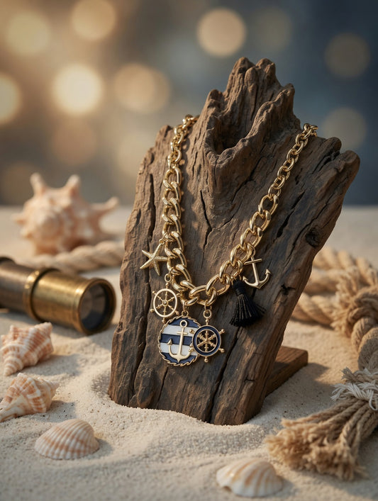 Nautical Gold Charm Necklace | Chunky Chain Anchor Starfish Ship Wheel Necklace | Coastal Statement Jewelry with Black Tassel