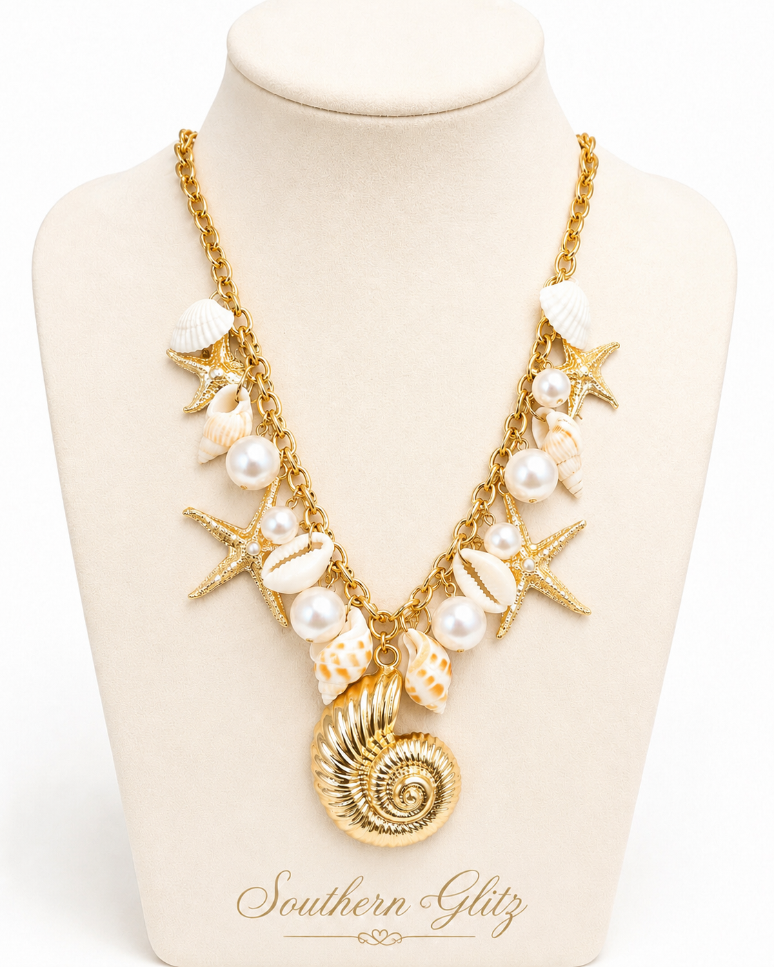 Gold Seashell Statement Necklace, Nautical Beach Charm Necklace, Pearl Starfish Cowrie Shell Coastal Jewelry, Southern Glitz