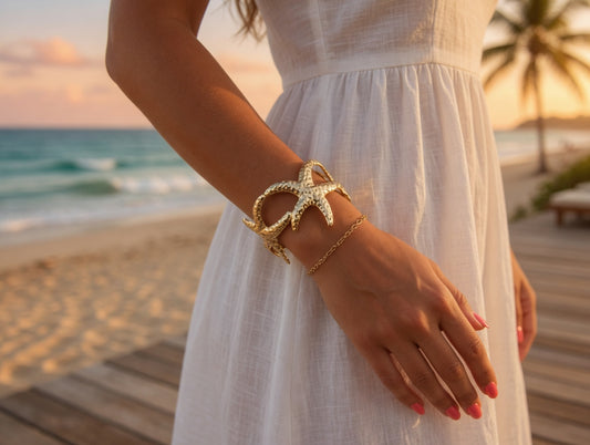 Gold Starfish Cuff Bracelet, Coastal Statement Bangle, Beach Jewelry, Ocean Inspired Boutique Bracelet