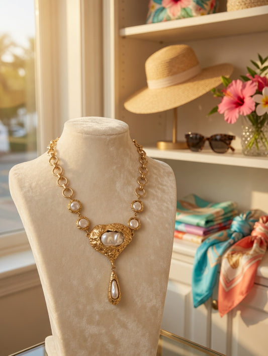 Gold Pearl Statement Necklace, Coastal Boutique Necklace, Baroque Pearl Pendant Jewelry, Beach Wedding Necklace