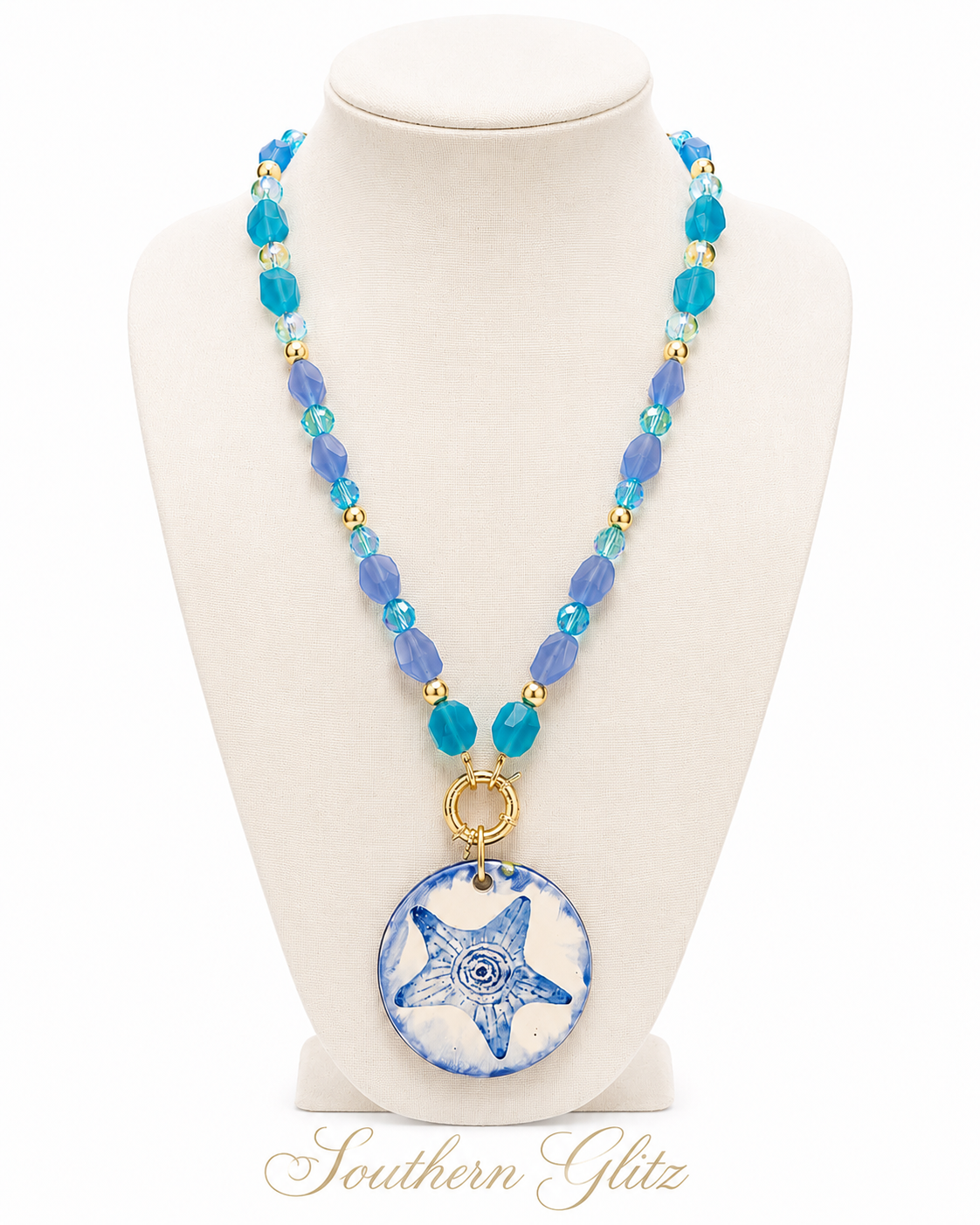 Coastal Blue Beaded Starfish Pendant Necklace | Turquoise & Periwinkle Summer Statement Necklace | Beach Vacation Jewelry