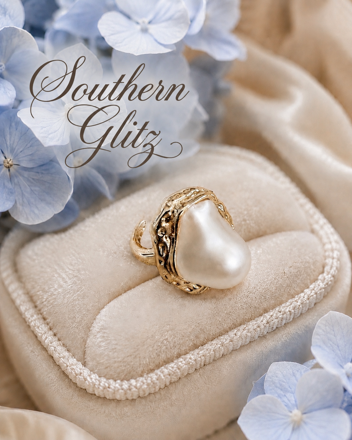 Baroque Pearl Statement Ring, Gold Tone Adjustable Cocktail Ring, Elegant Coastal Bridal Jewelry, Gift for Her