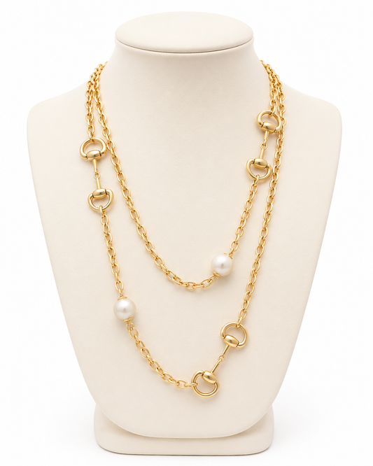 Gold Equestrian Snaffle Bit Necklace with Pearl Accents, Long Layered Horse Jewelry, English Riding Statement Necklace, Horse Lover Gift
