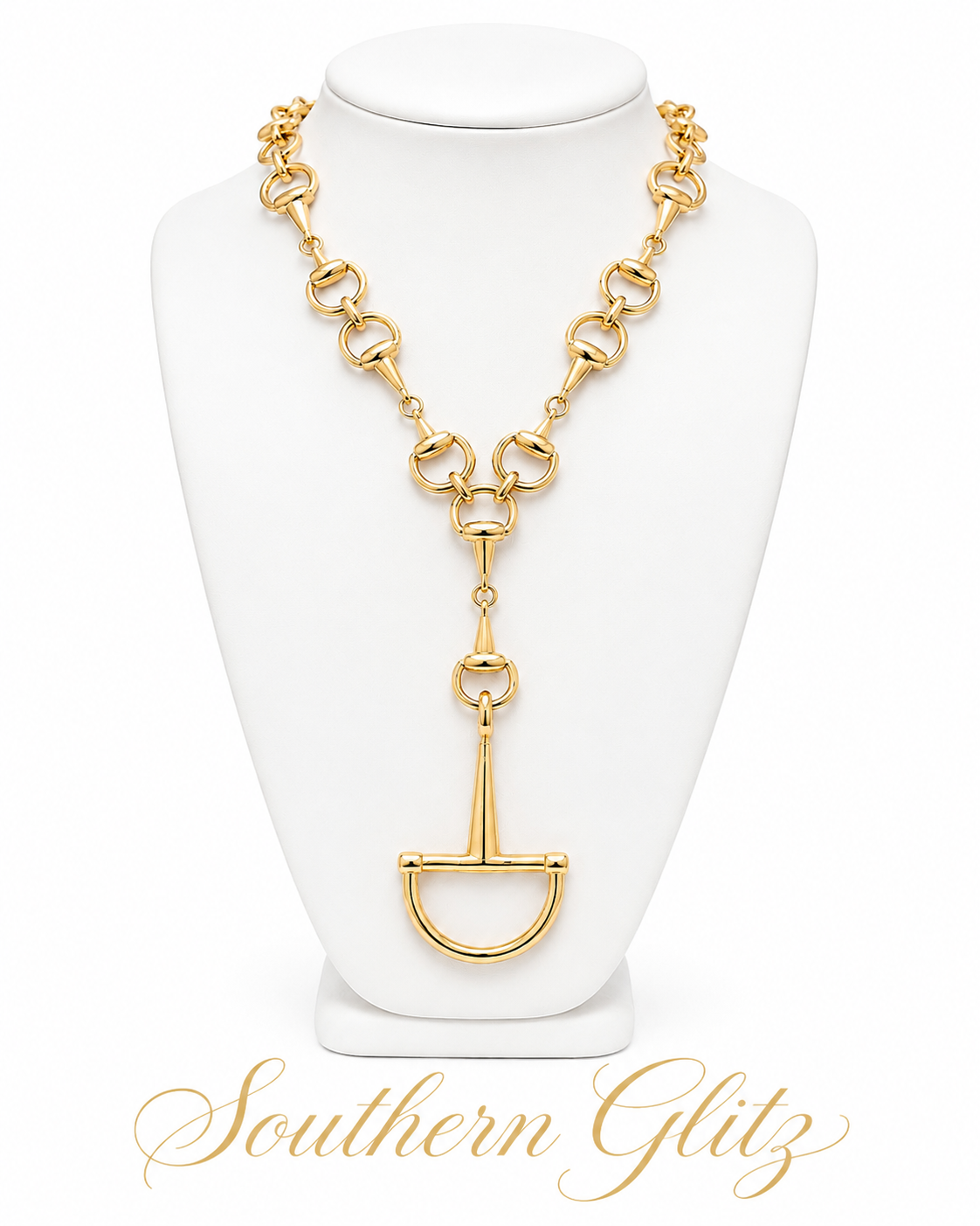 Gold Stirrup Pendant Necklace with Horse Bit Links, Equestrian Statement Jewelry, English Rider and Horse Lover Gift