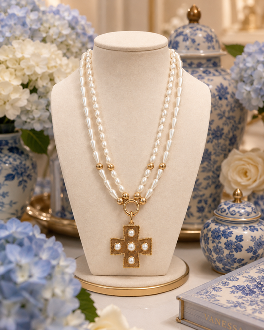 Pearl Cross Necklace, Gold Tone Statement Pendant, Double Strand Faux Pearl Jewelry, Southern Boutique Necklace, Christian Gift