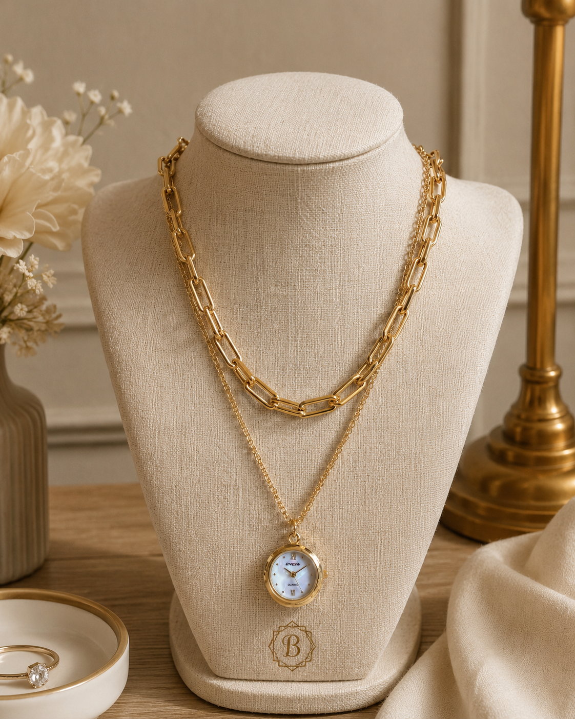 Gold Pendant Watch Necklace, Layered Paperclip Chain Jewelry, Vintage Inspired Timepiece Necklace, Elegant Statement Gift