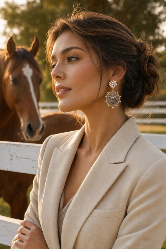 Two Tone Horse Medallion Earrings with Pearl Clusters, Equestrian Statement Earrings, Horse Lover Gift, Southern Boutique Jewelry