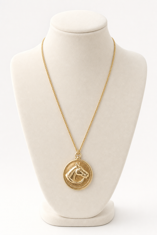 Gold Horse Medallion Necklace, Equestrian Pendant Necklace, Horse Lover Jewelry, Vintage Style Coin Necklace, Western Gift for Her