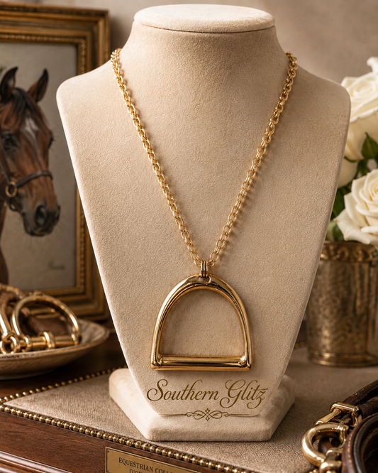 Gold Stirrup Pendant Necklace, Equestrian Statement Necklace, Horse Lover Jewelry, English Riding Gift, Western Horse Necklace