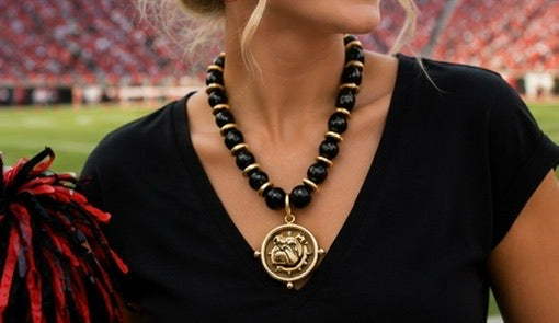 Black & Gold Bulldog Necklace, Beaded Bulldog Pendant Necklace, Game Day Jewelry, Southern Football Fan Gift, Statement Necklace