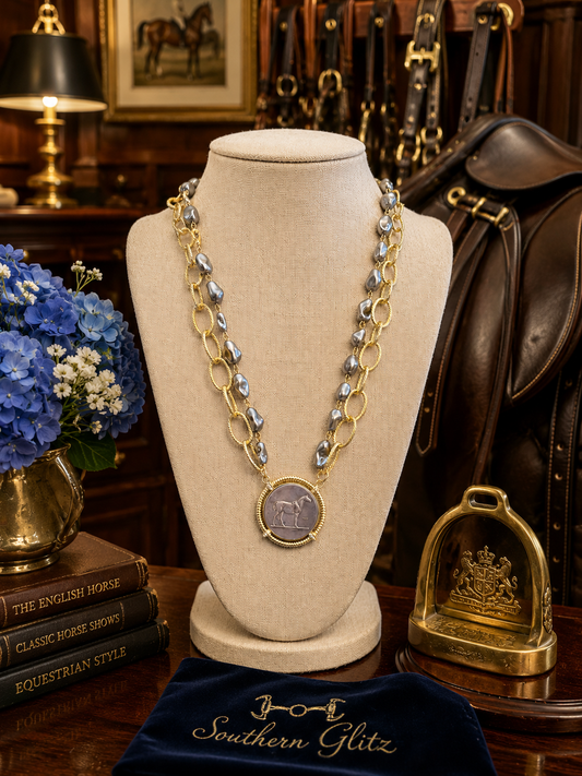 Pearl Horse Coin Necklace, Gold Textured Chain, Equestrian Medallion Pendant, Horse Lover Statement Jewelry