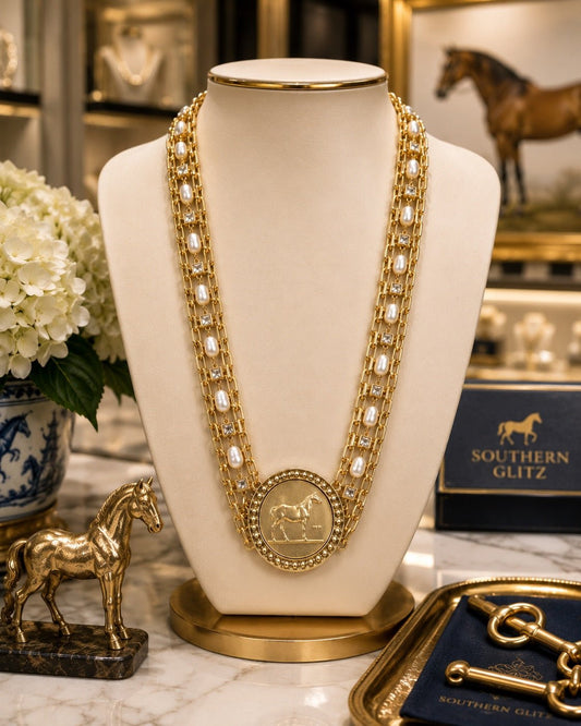 Gold Horse Medallion Necklace with Pearl and Crystal Accents, Layered Equestrian Statement Necklace, Horse Lover Jewelry