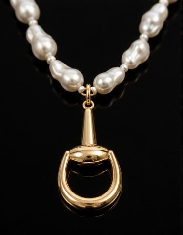 Baroque Pearl Stirrup Necklace, Gold Equestrian Pendant Necklace, Horse Lover Jewelry, Elegant Rider Gift