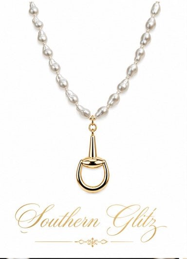 Baroque Pearl Stirrup Necklace, Gold Equestrian Pendant Necklace, Horse Lover Jewelry, Elegant Rider Gift