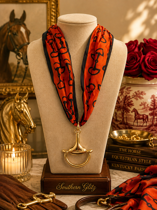 Red & Black Equestrian Scarf Necklace, Gold Horse Bit Pendant, Horse Lover Jewelry, Statement Scarf Necklace, Equestrian Gift