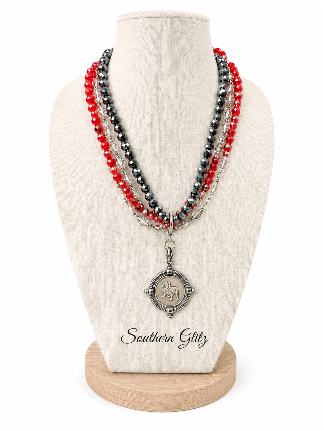 Georgia Bulldog Beaded Necklace, Red Black Game Day Necklace, Silver Bulldog Pendant, Georgia Fan Jewelry, Statement Necklace