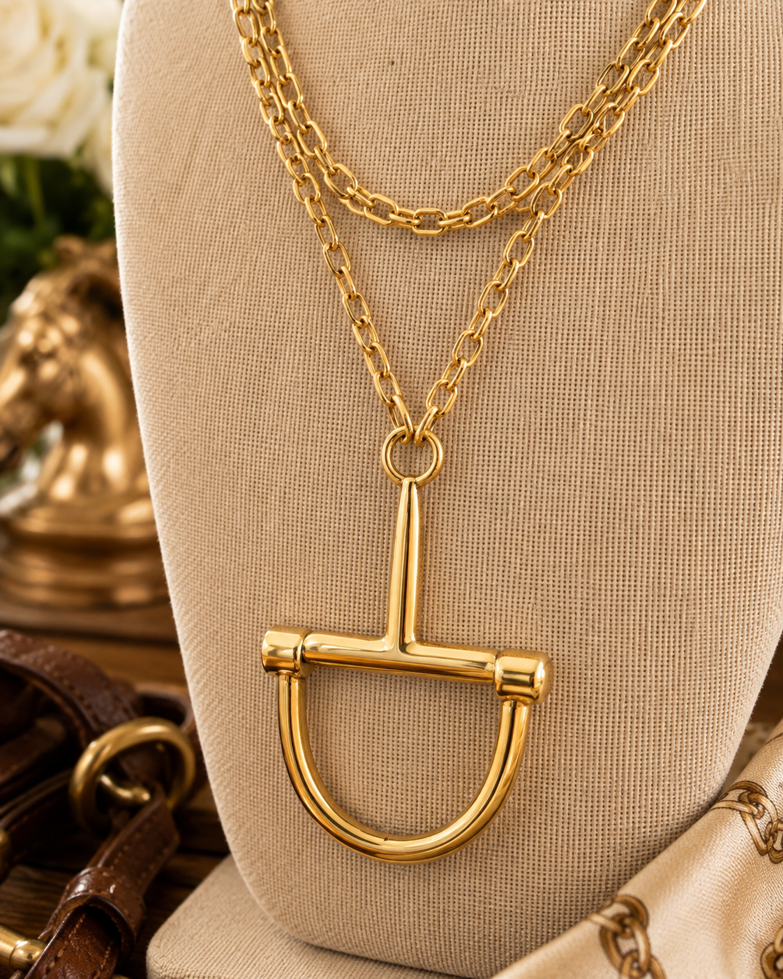 Gold Equestrian Statement Necklace, Layered Chain Horse Bit Pendant, Horse Lover Jewelry, Elegant Equestrian Gift
