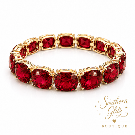 Ruby Red Crystal Bracelet, Gold Statement Bracelet, Red Gemstone Jewelry, Game Day Bracelet, Elegant Red and Gold Jewelry
