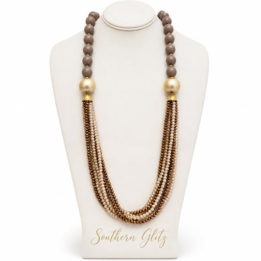 Taupe Multi Strand Statement Necklace, Bronze and Champagne Beaded Necklace, Gold Accent Necklace, Neutral Boutique Jewelry for Women