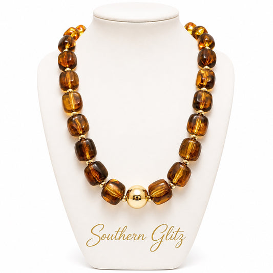 Tortoise Color Beaded Necklace, Chunky Statement Necklace, Gold Accent Necklace, Boutique Fall Jewelry for Women